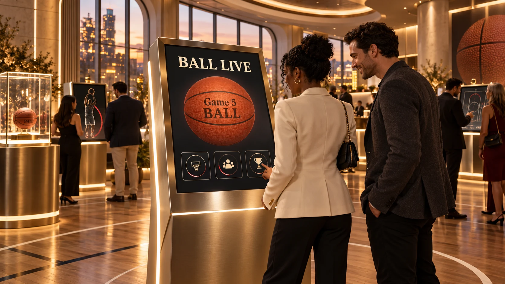 Concept visualization of guests meeting an interactive BALL host at a warmly lit event venue
