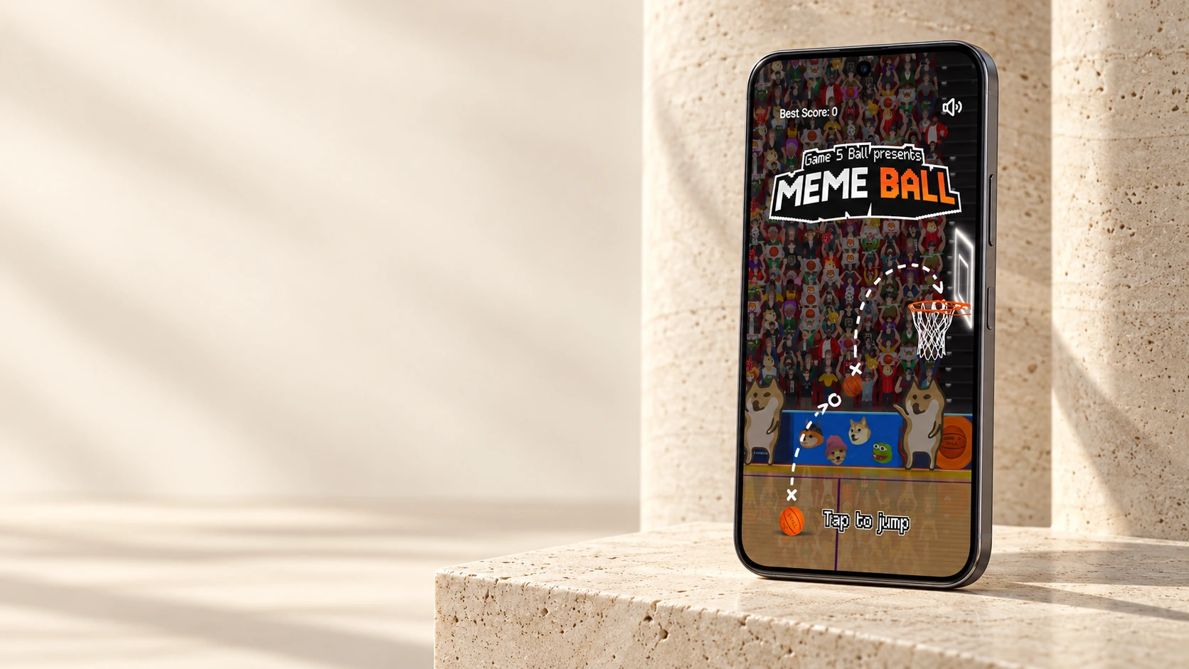 MEME BALL’s authentic Tap to Jump start screen on a smartphone, displayed on pale travertine