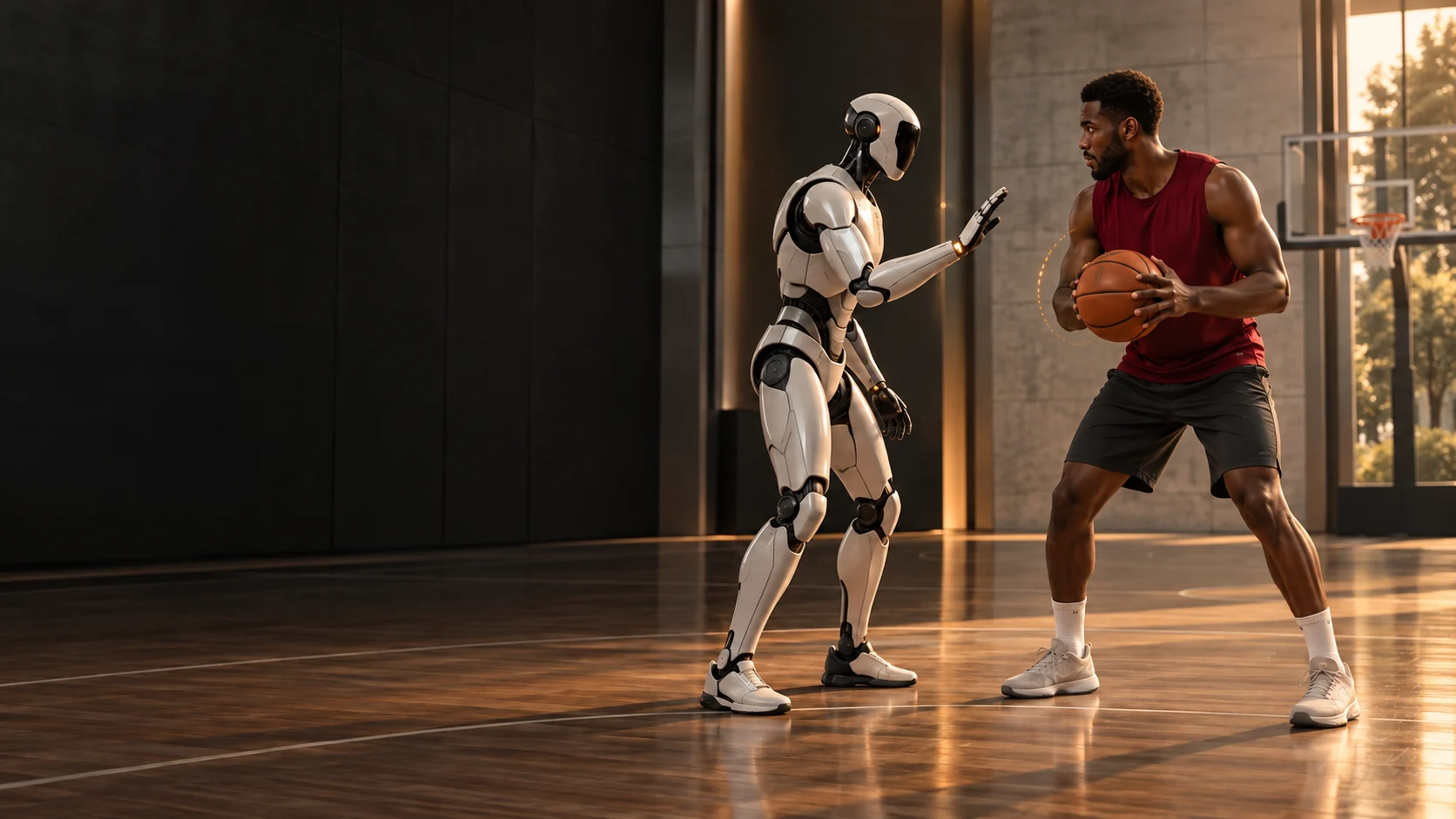 Concept visualization of a robotic training partner and an adult basketball athlete on a practice court