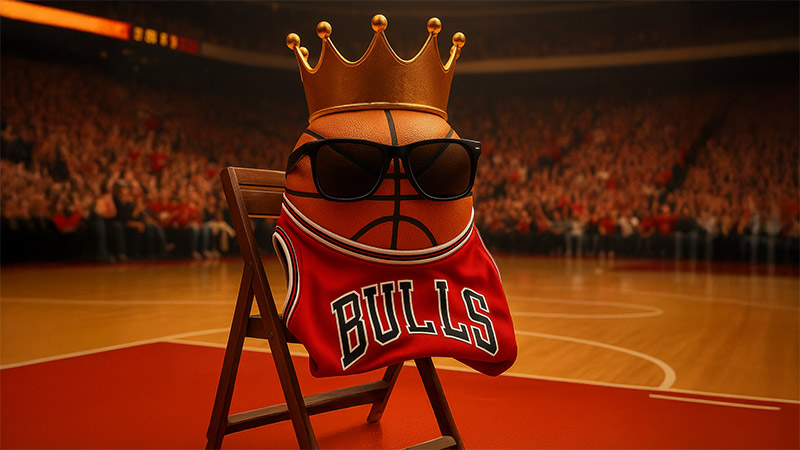 BALL AI personality wearing a crown and sunglasses courtside in a basketball arena.