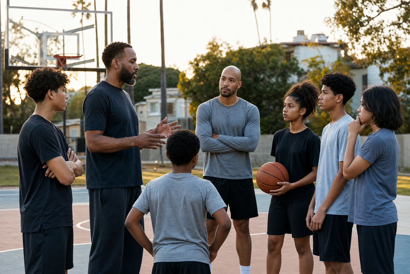 Community mentors leading a youth basketball session on a neighborhood court.