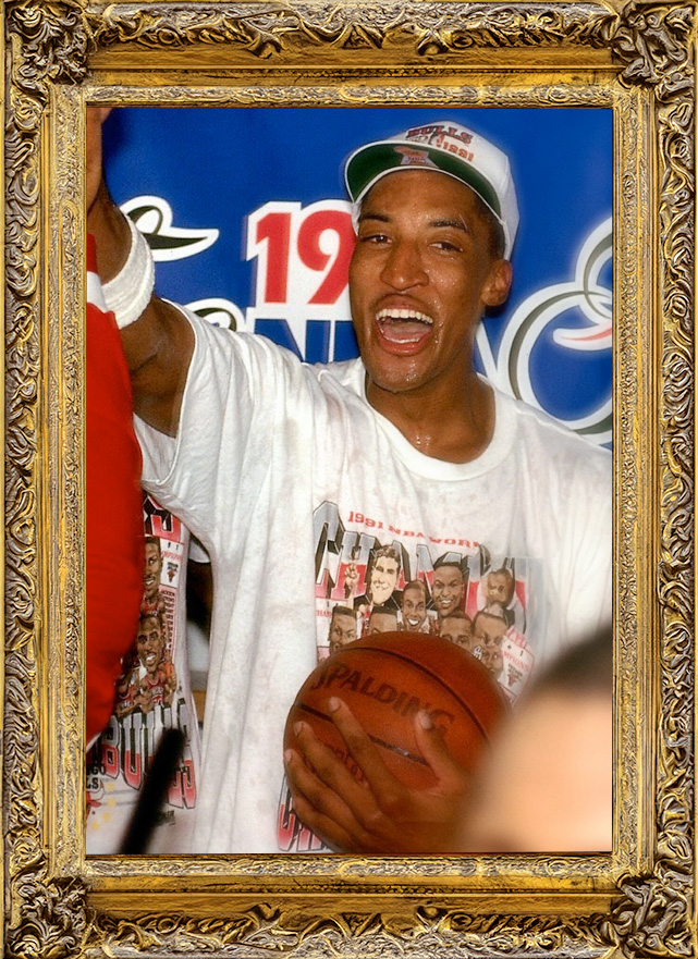 Scottie Pippen holding the preserved Game 5 Ball